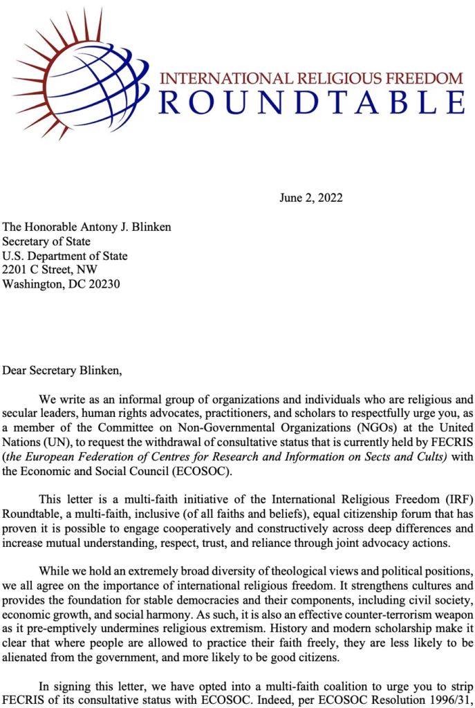 Letter to Secretary Blinken regarding FECRIS